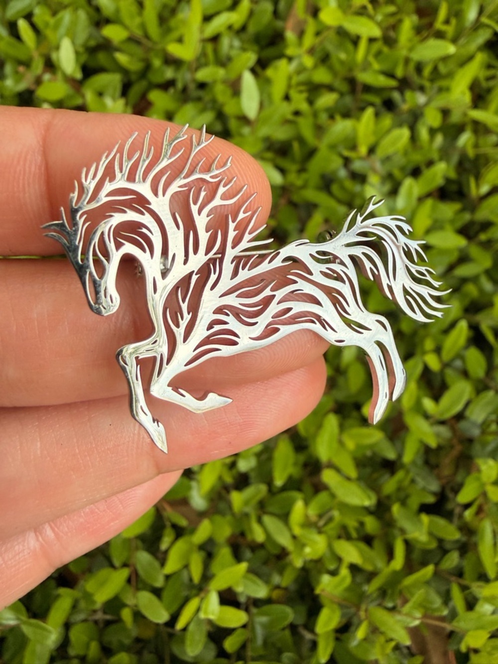 Silver Horse Cutout Brooch - Elegant Filigree Stallion